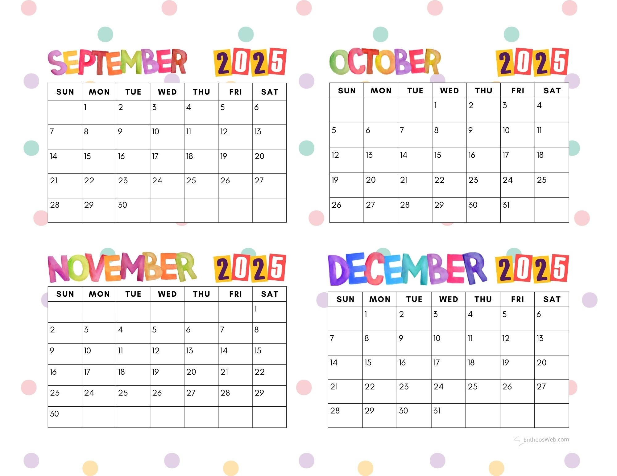 September-December 2025 Calendar