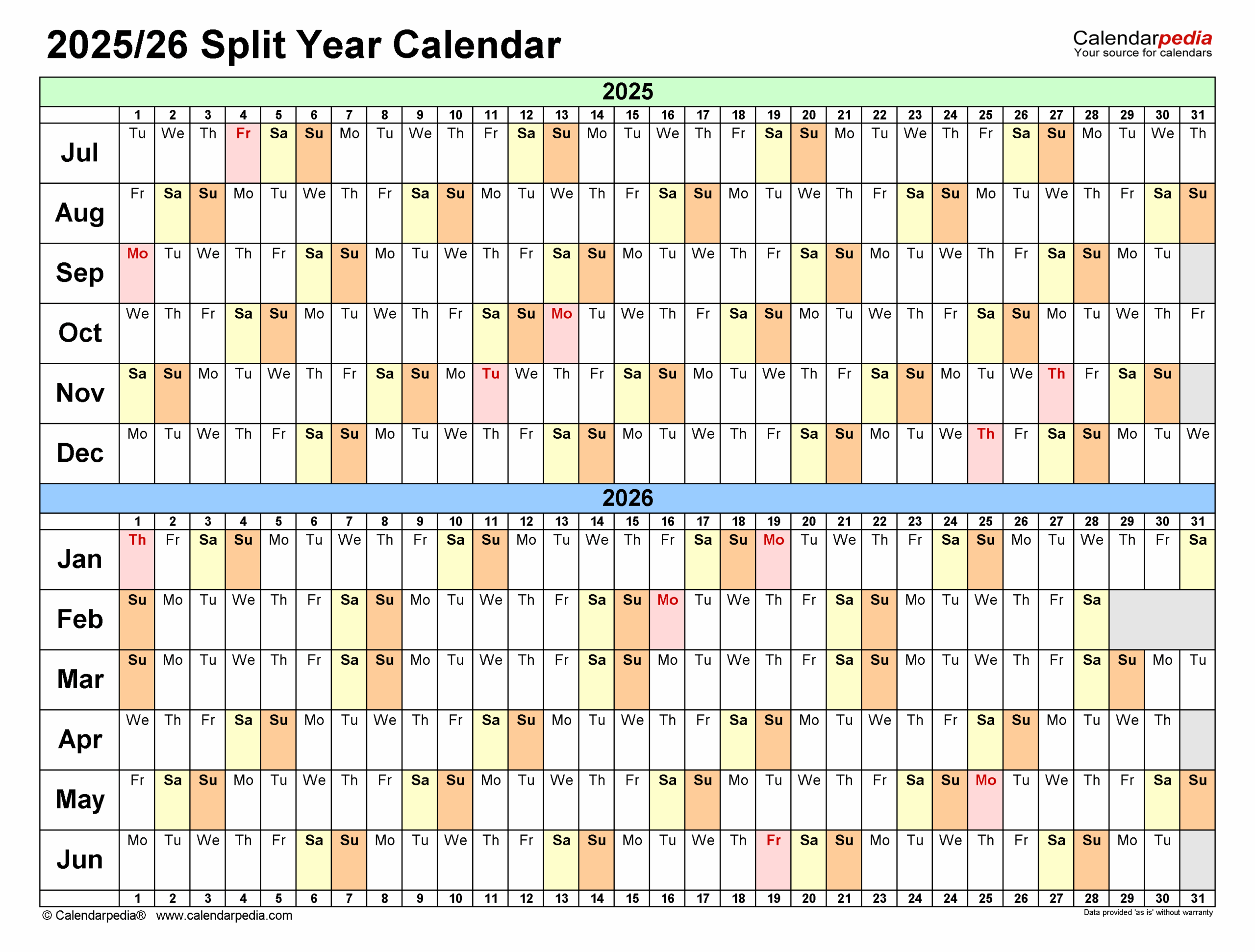 August 2025-July 2026 Calendar