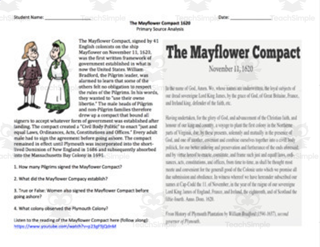 The Mayflower Compact Primary Source Reading Introduction And Activity By Teach Simple
