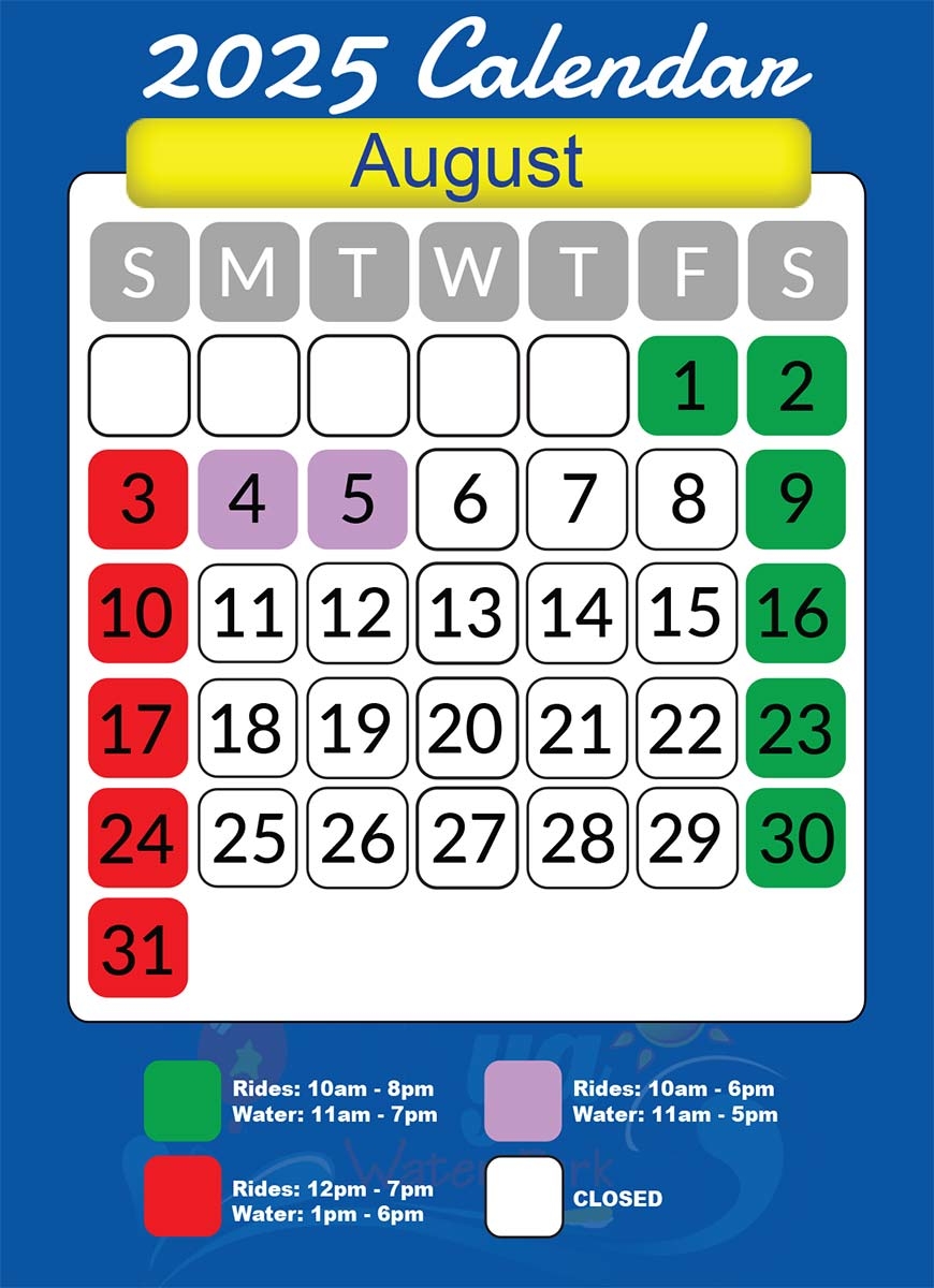 2025 August Calendar Lake Winnie Amusement Park Water Park