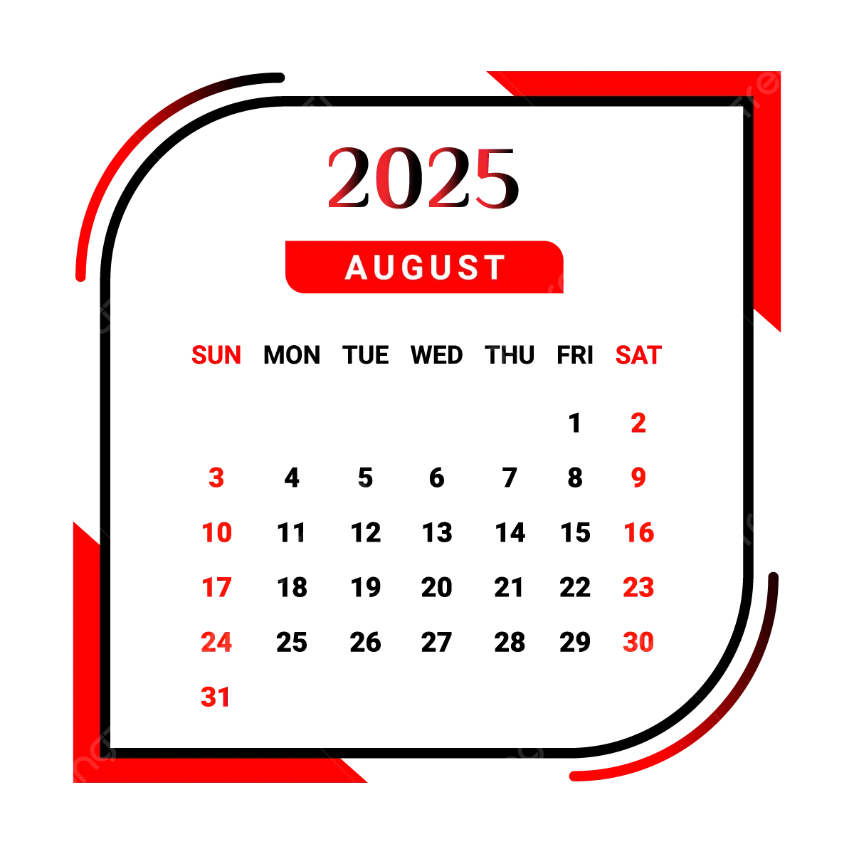 2025 August Month Calendar With Red And Black Vector Monthly Calendar Calendar August 2025 PNG And Vector With Transparent Background For Free Download