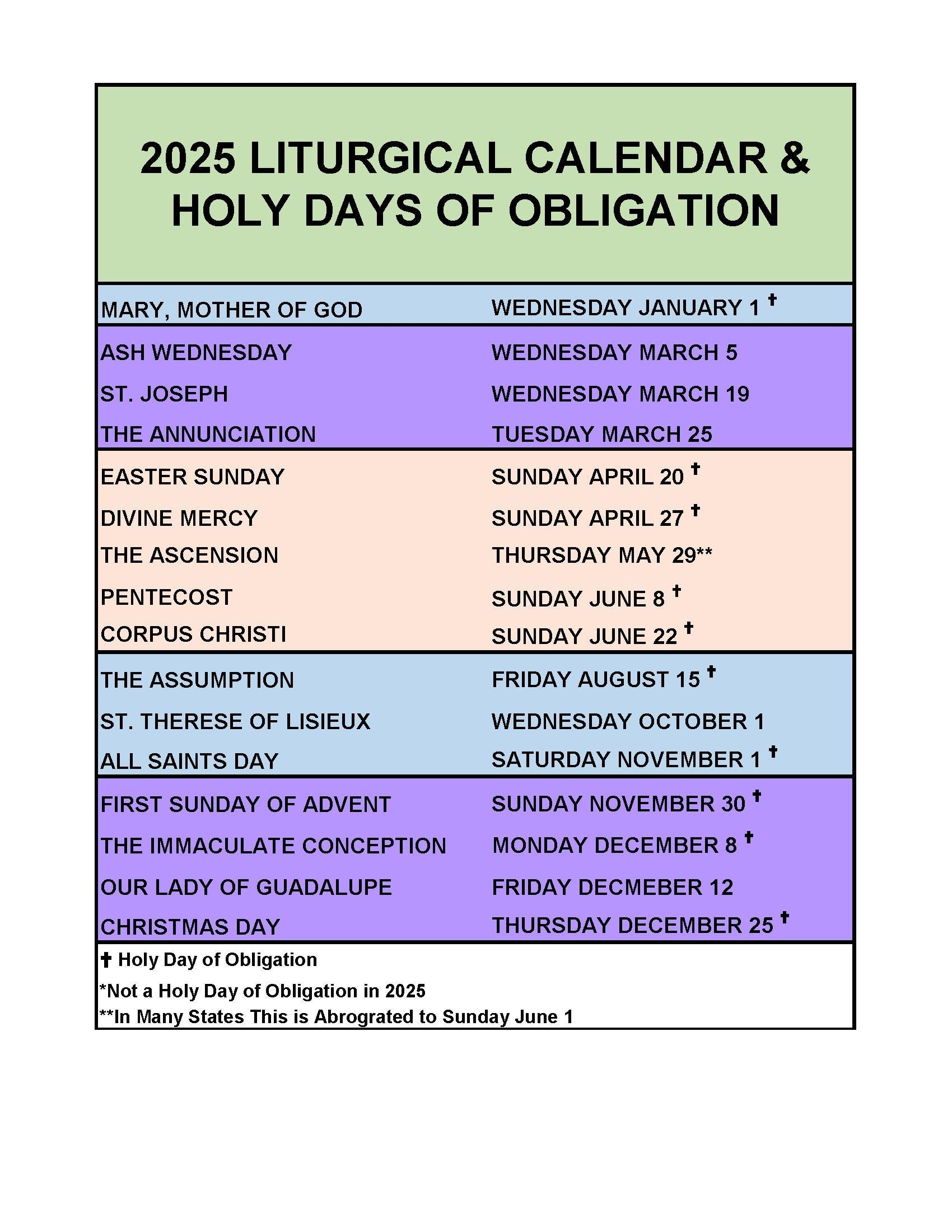 2025 Liturgical Year Printable Calendar Etsy