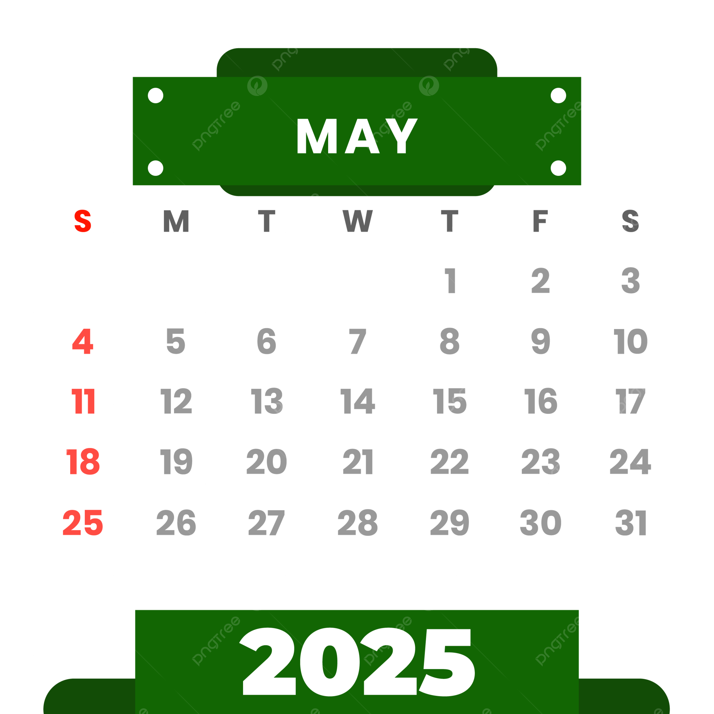2025 May Vector Clipart Monthly Green Calendar 2025 Calendar Calendar 2025 Vector May Calendar PNG And Vector With Transparent Background For Free Download