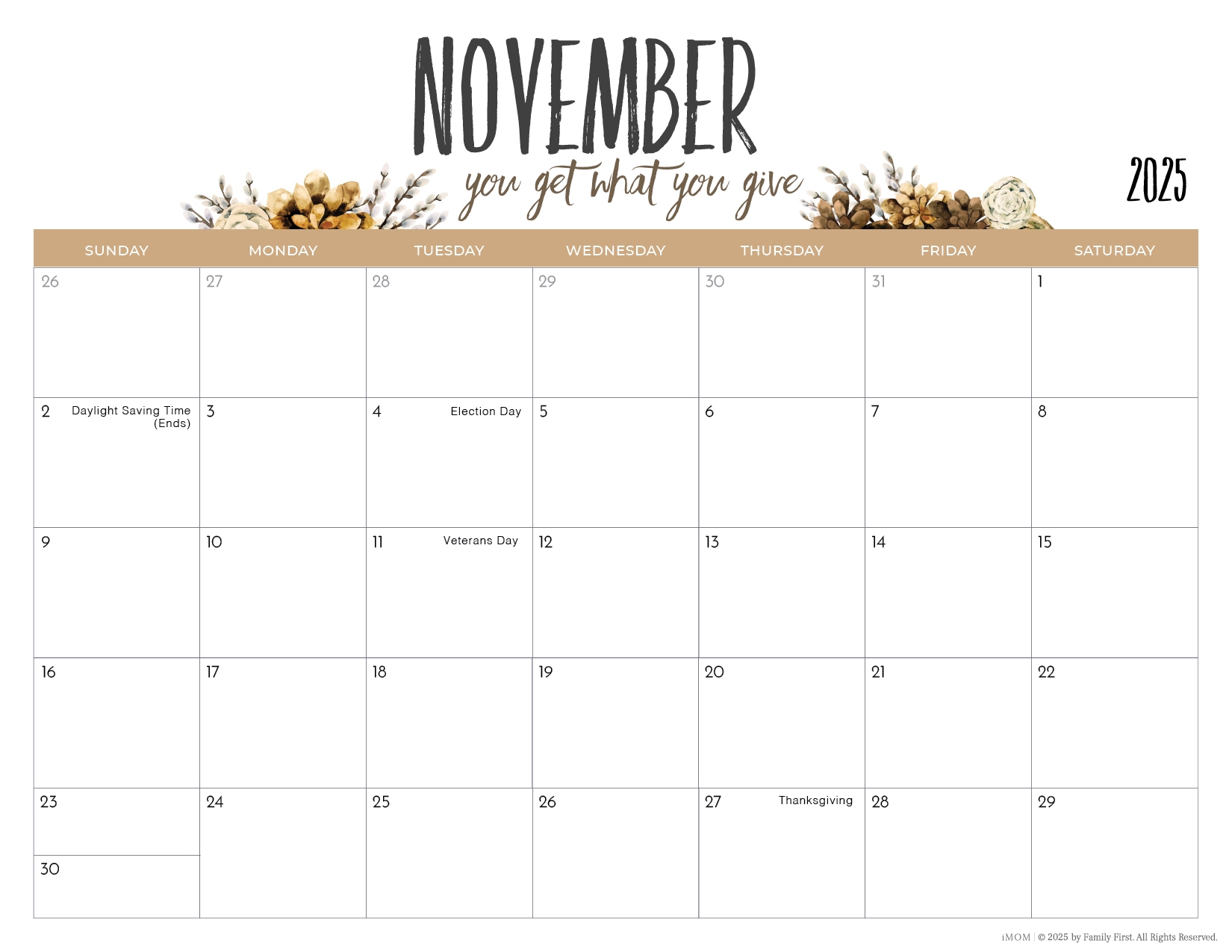 Editable November 2025 Calendar