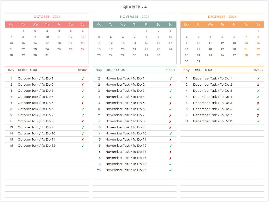 2025 Quarterly Calendar With Task List Excel Template 2025 Quarterly Planner Excel Template 2025 Task Tracker Excel Template Etsy