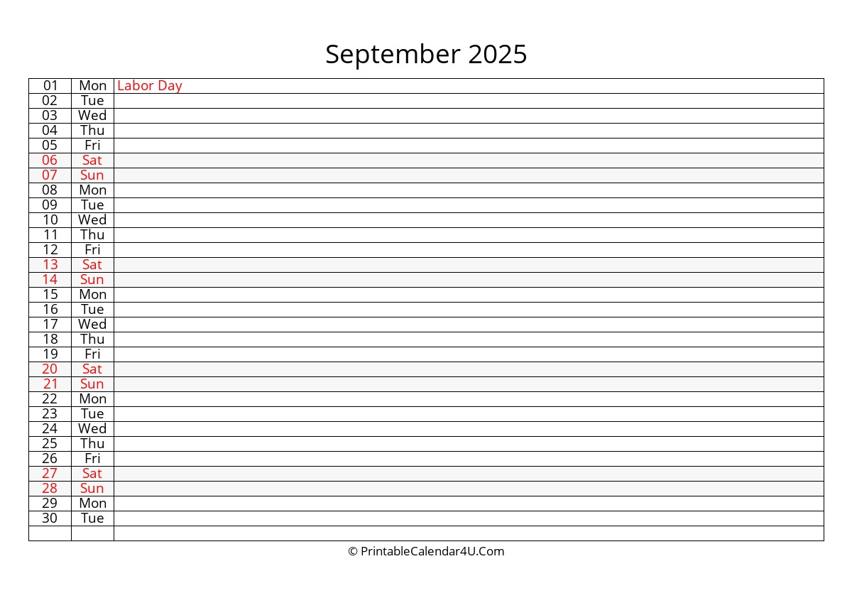 September 2025 Calendar Editable