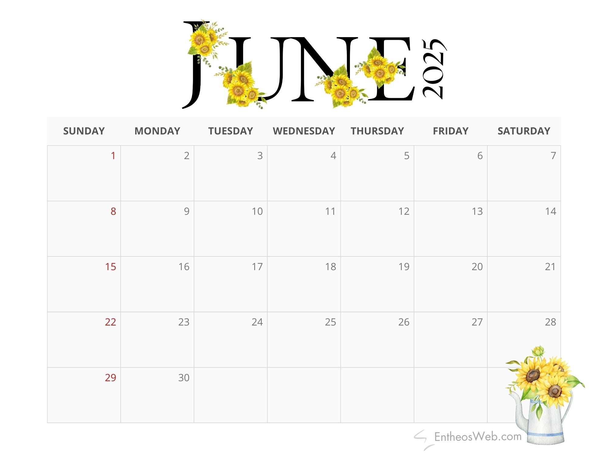 2025 Sunflowers Calendar Printable EntheosWeb