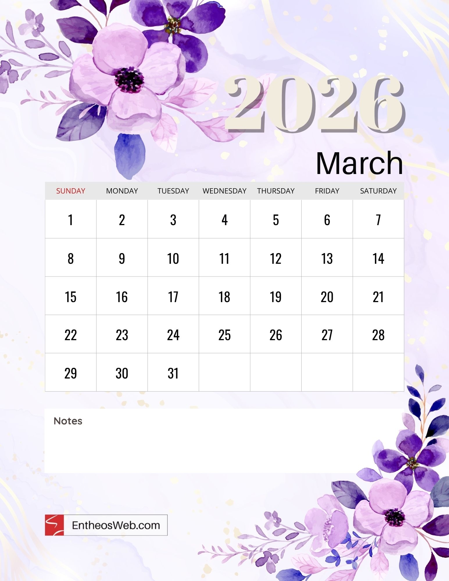 2026 Floral Month Calendar Printables EntheosWeb