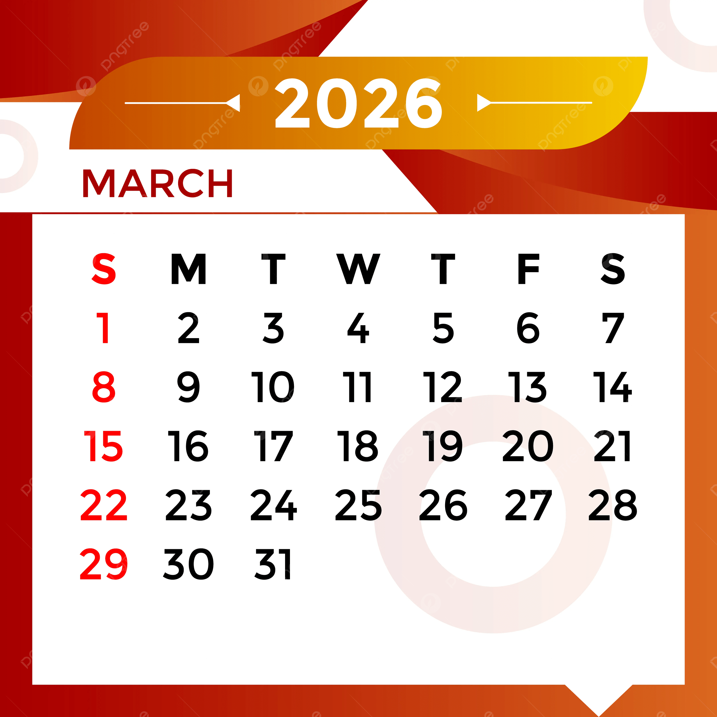 2026 March Month Calendar Vector Template Download On Pngtree