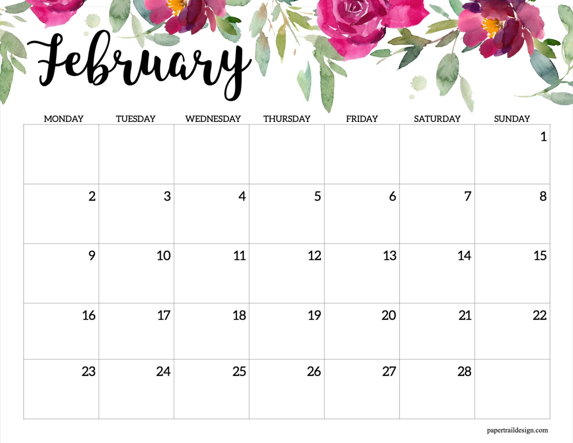 2026 Monday Start Floral Calendar Paper Trail Design