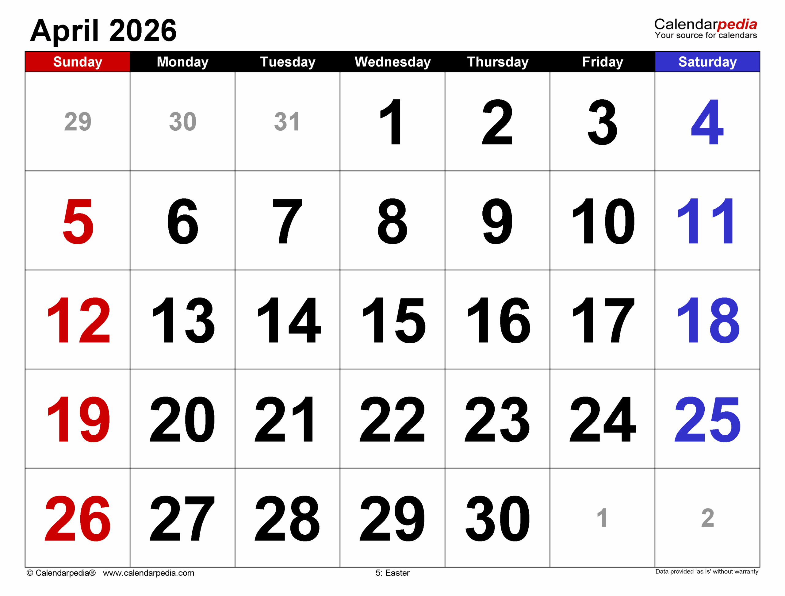 February Through April 2026 Calendar