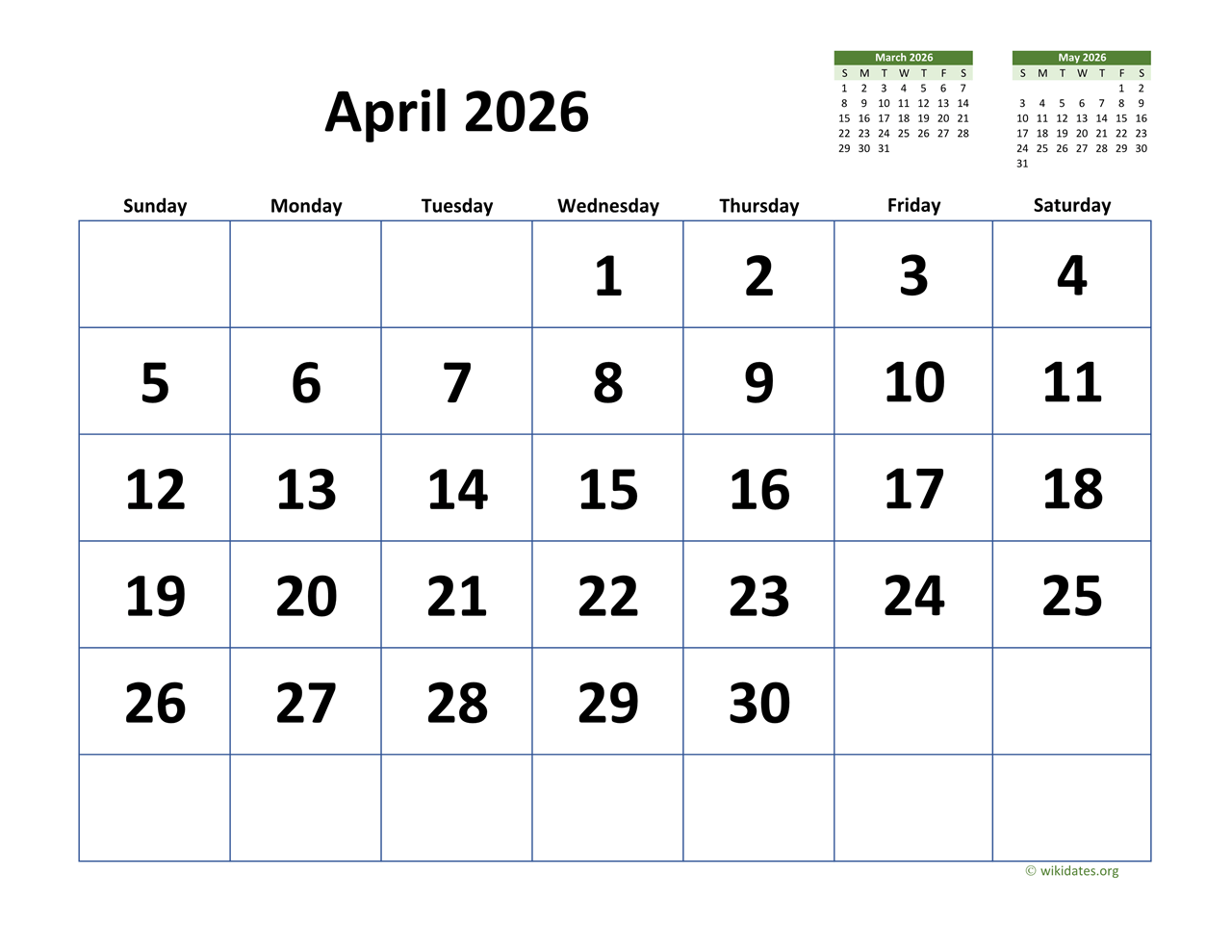 April 2026 Printable Calendar