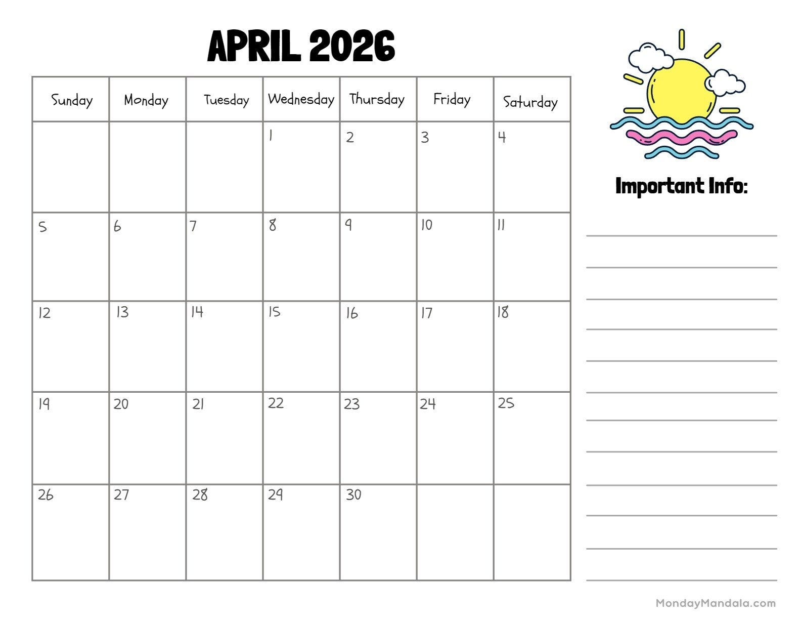 April 2026 Calendar Editable