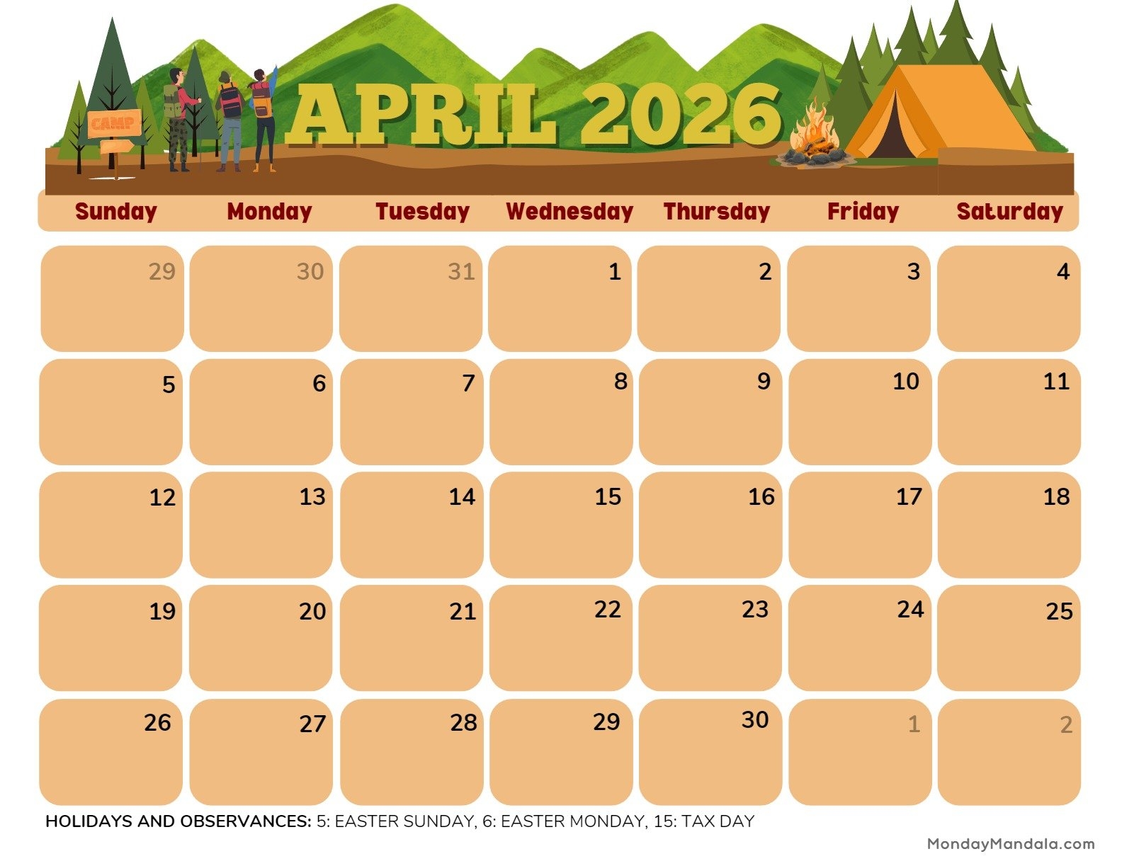 Fillable Calendar April 2026