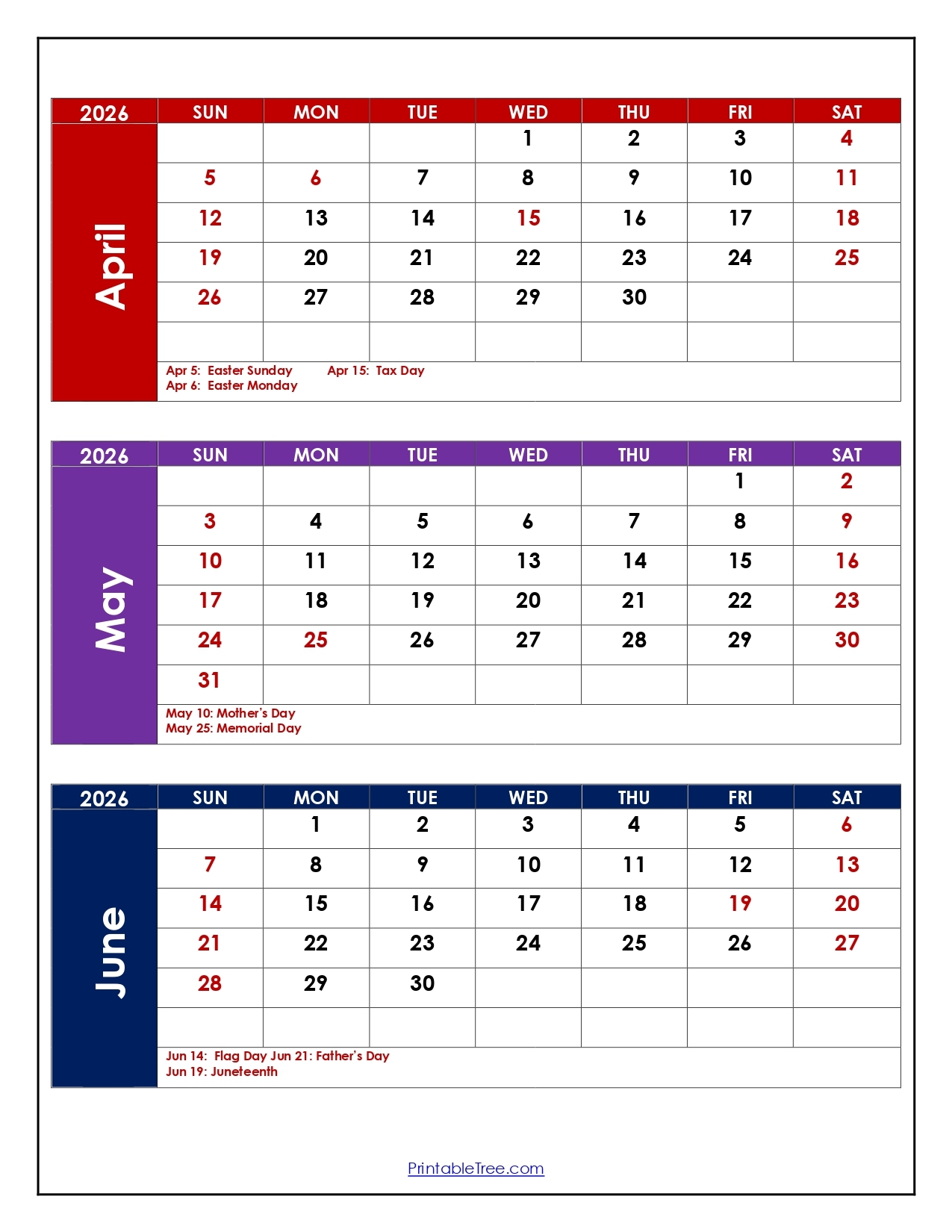 April May June Calendar 2026