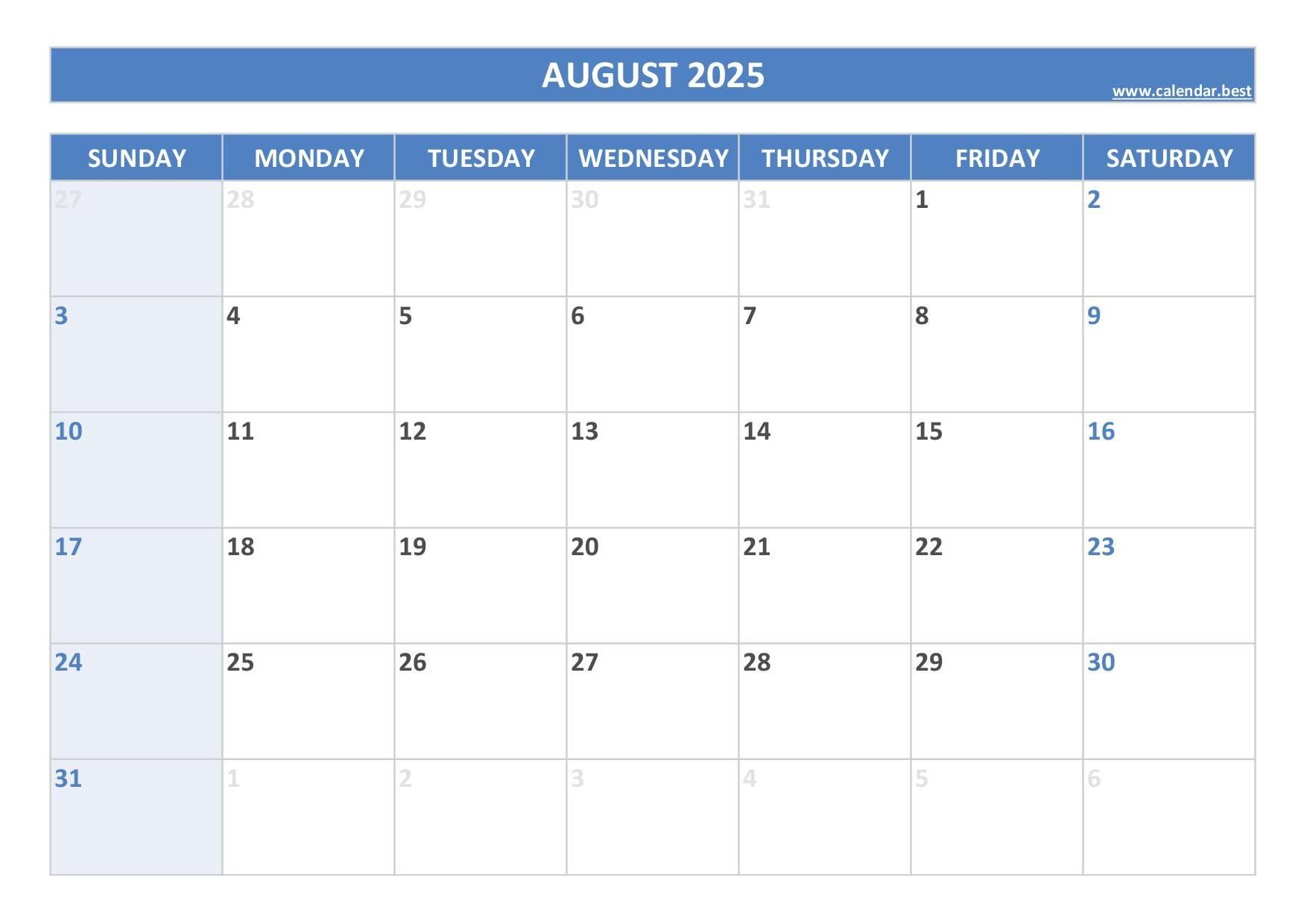Calendar For The Month Of August 2025