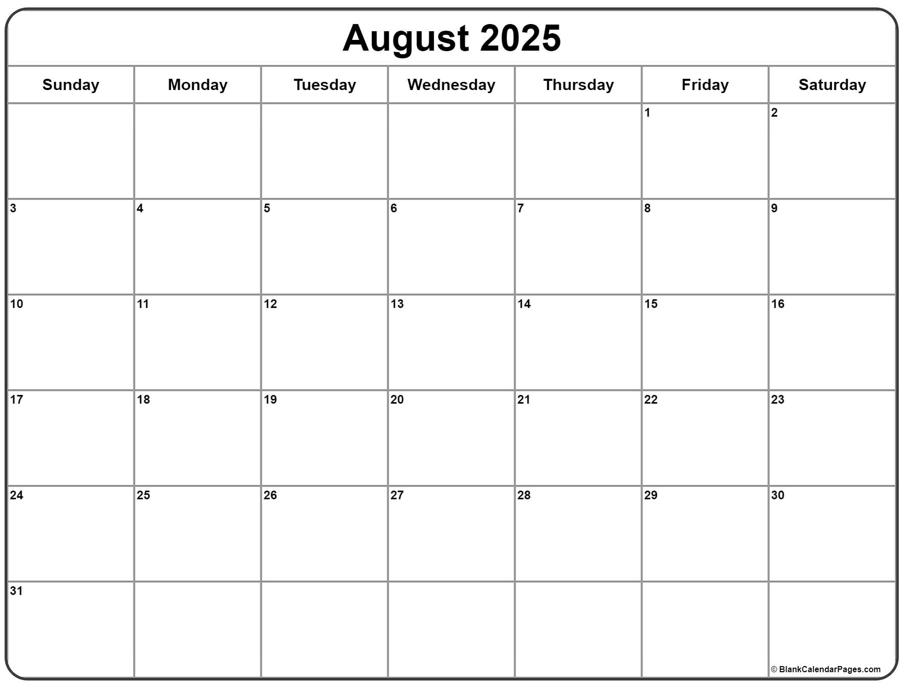 August 2025 Calendar Free Printable Calendars