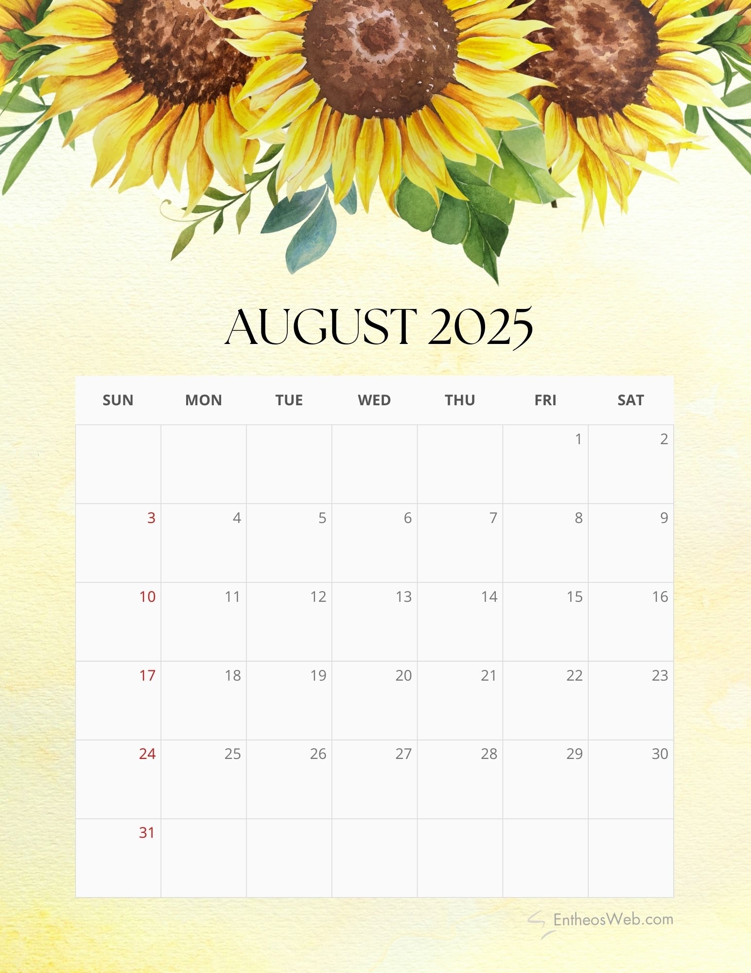 Calendar August 2025 Free Printable