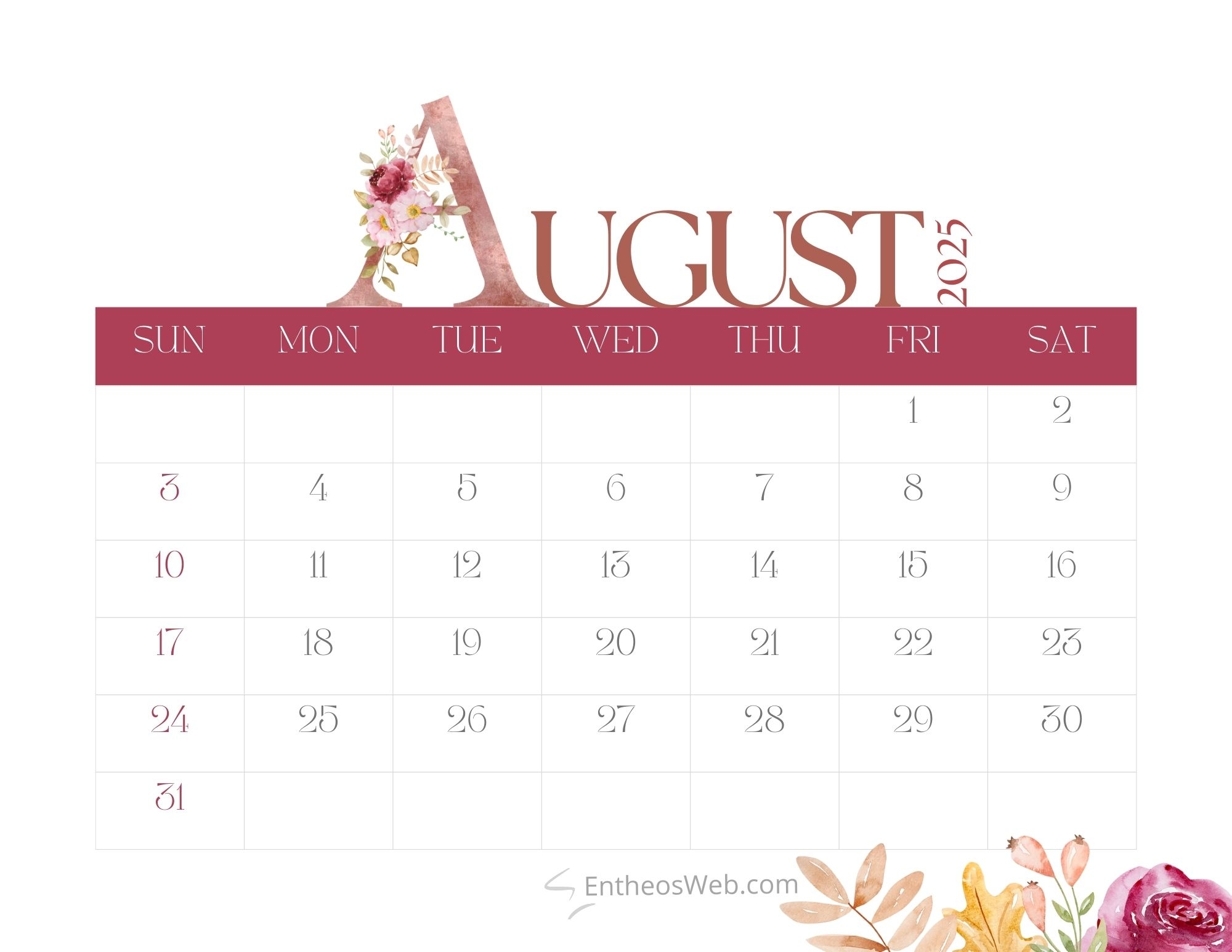 August 2025 Calendar Printables EntheosWeb