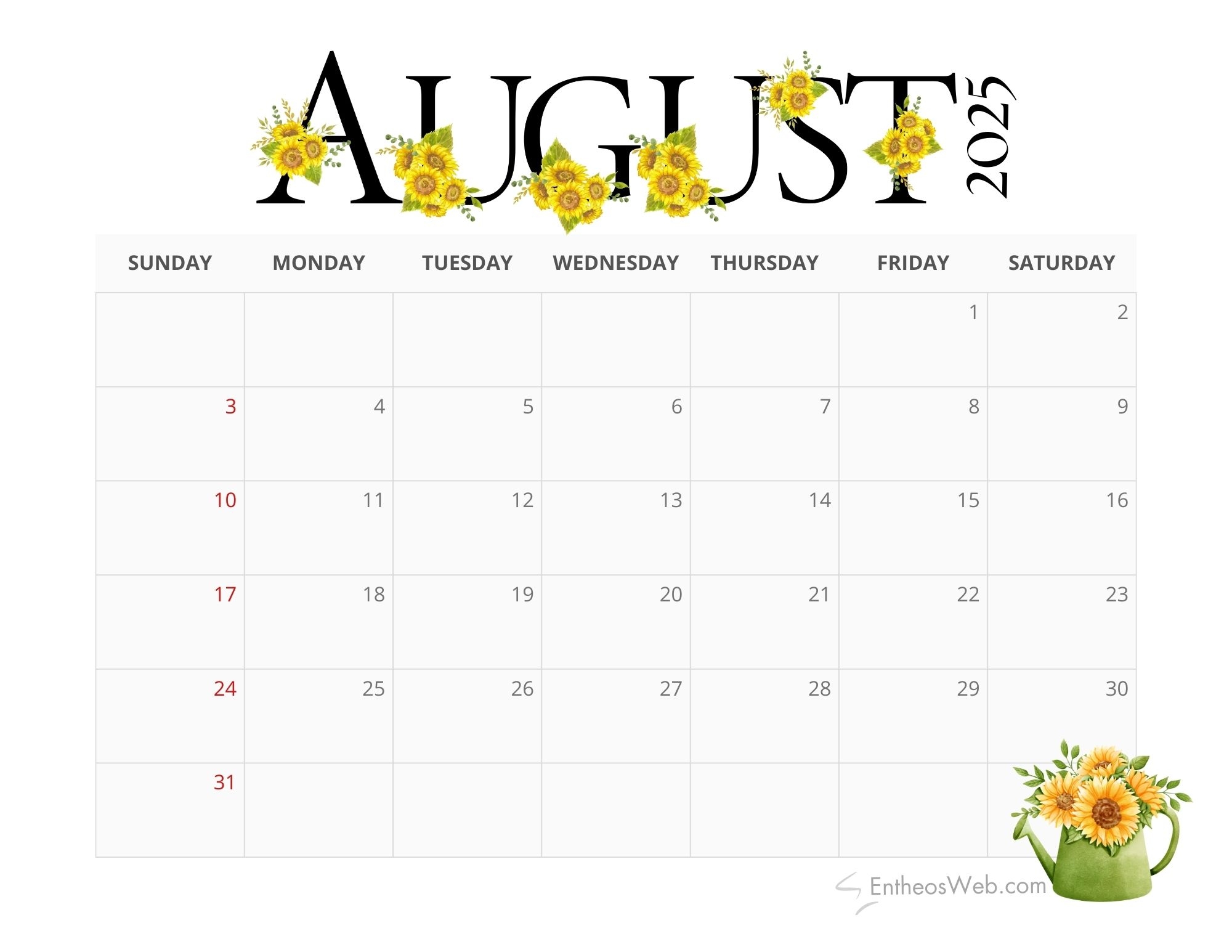 August 2025 Calendar Printables EntheosWeb