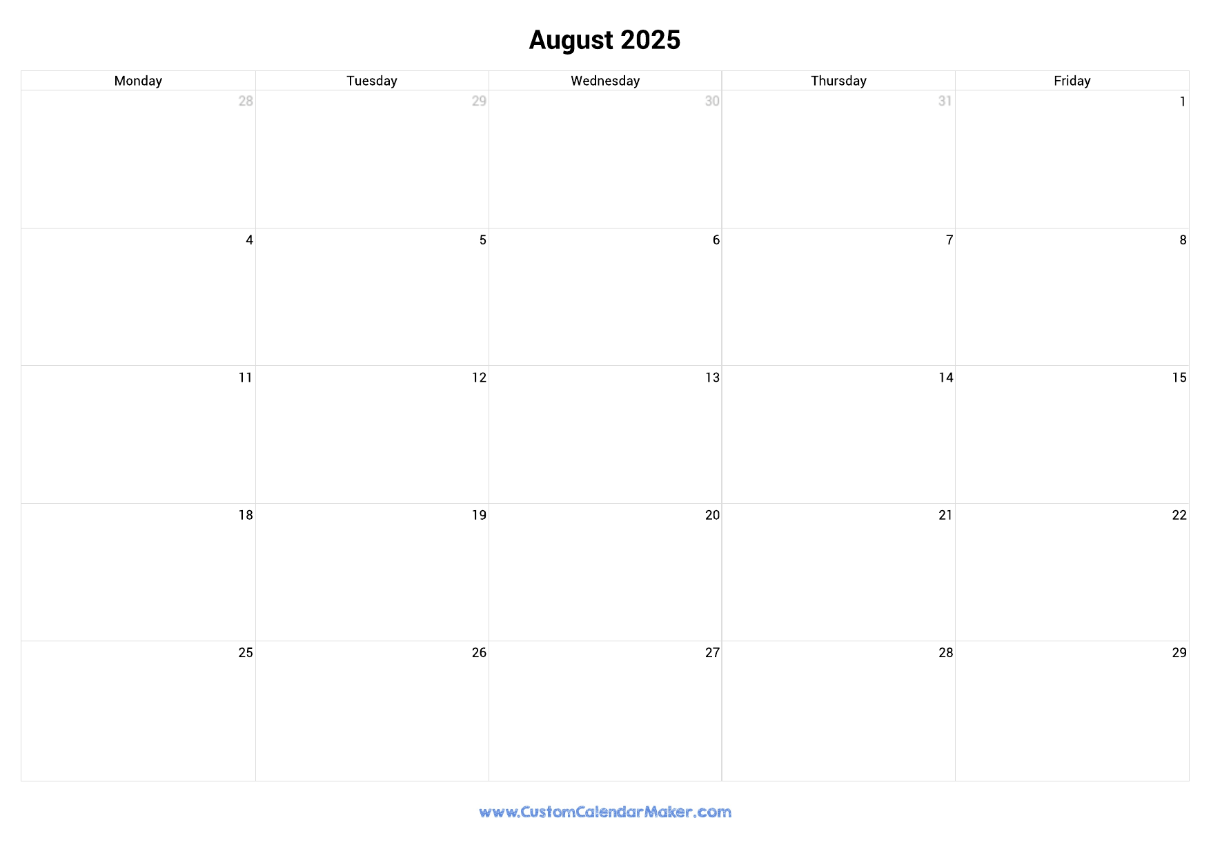 August 2025 Calendar Weekdays Only Monday To Friday Custom Calendar Maker