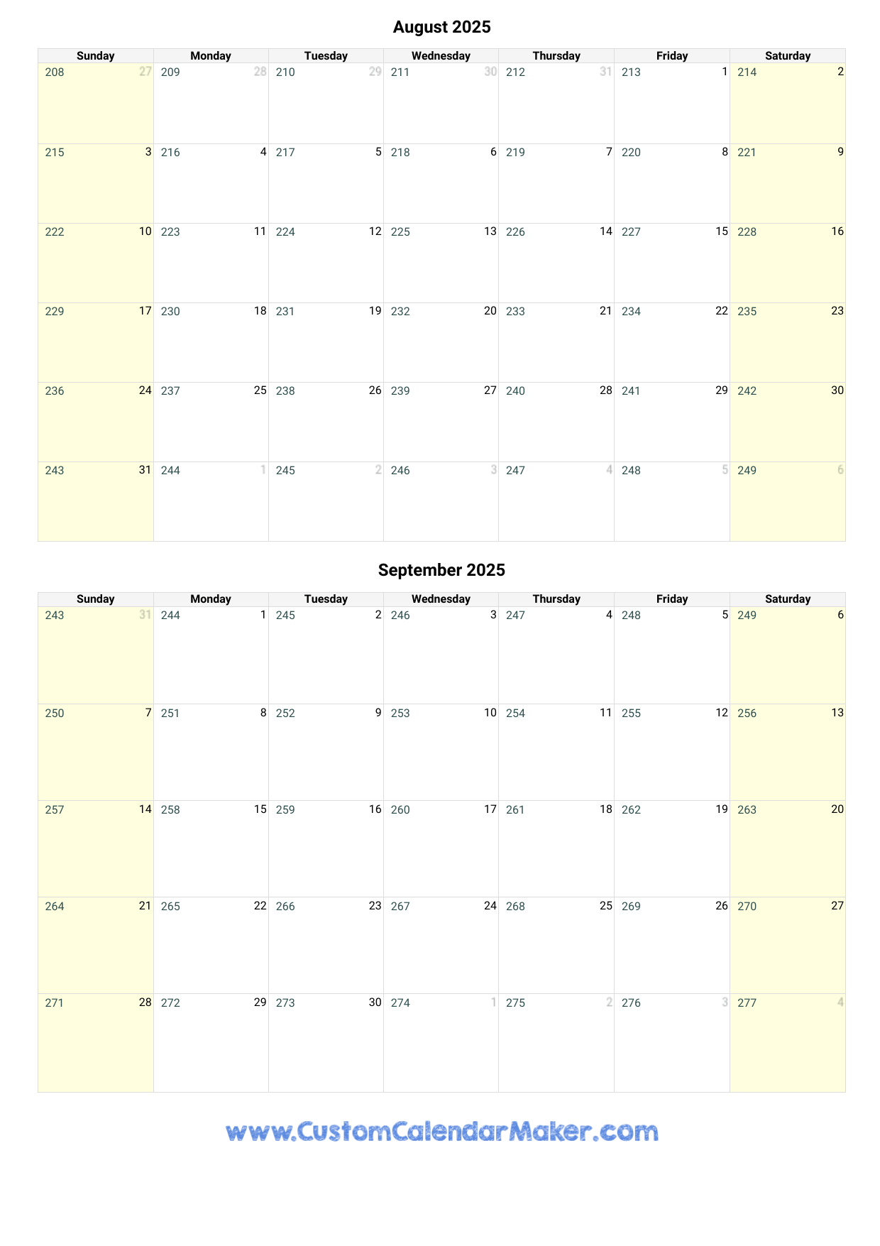 August And September 2025 Calendar Custom Calendar Maker
