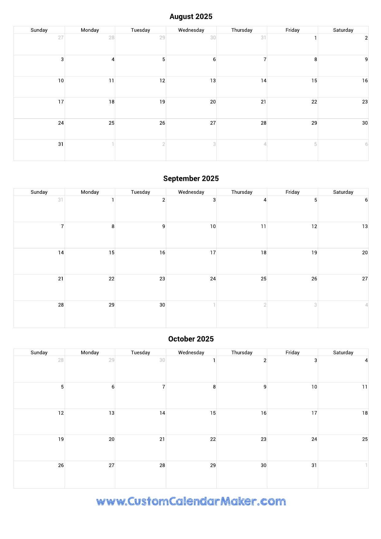 2025 Calendar August September