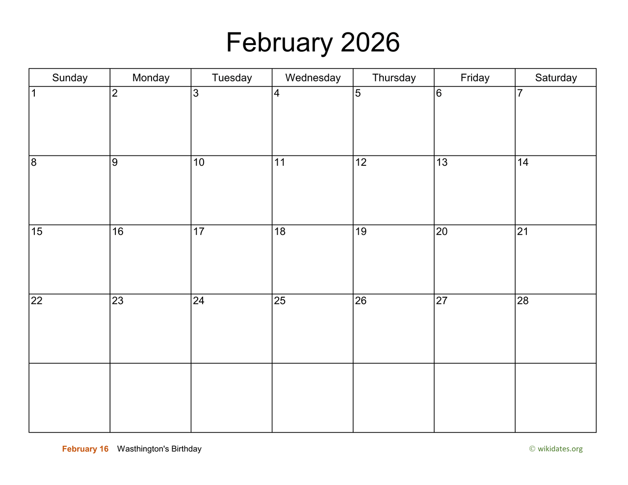 Calendar 2026 February Month
