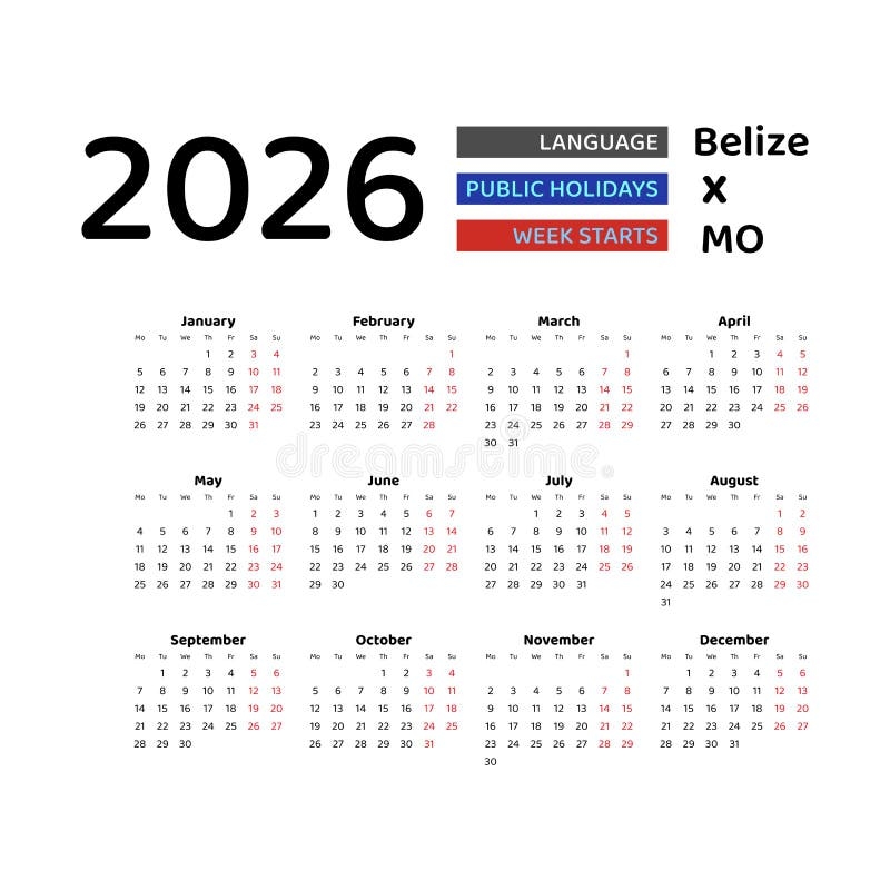 Belize Calendar 2026 Week Starts From Monday Vector Graphic Design Stock Vector Illustration Of Modern Holiday 263486044