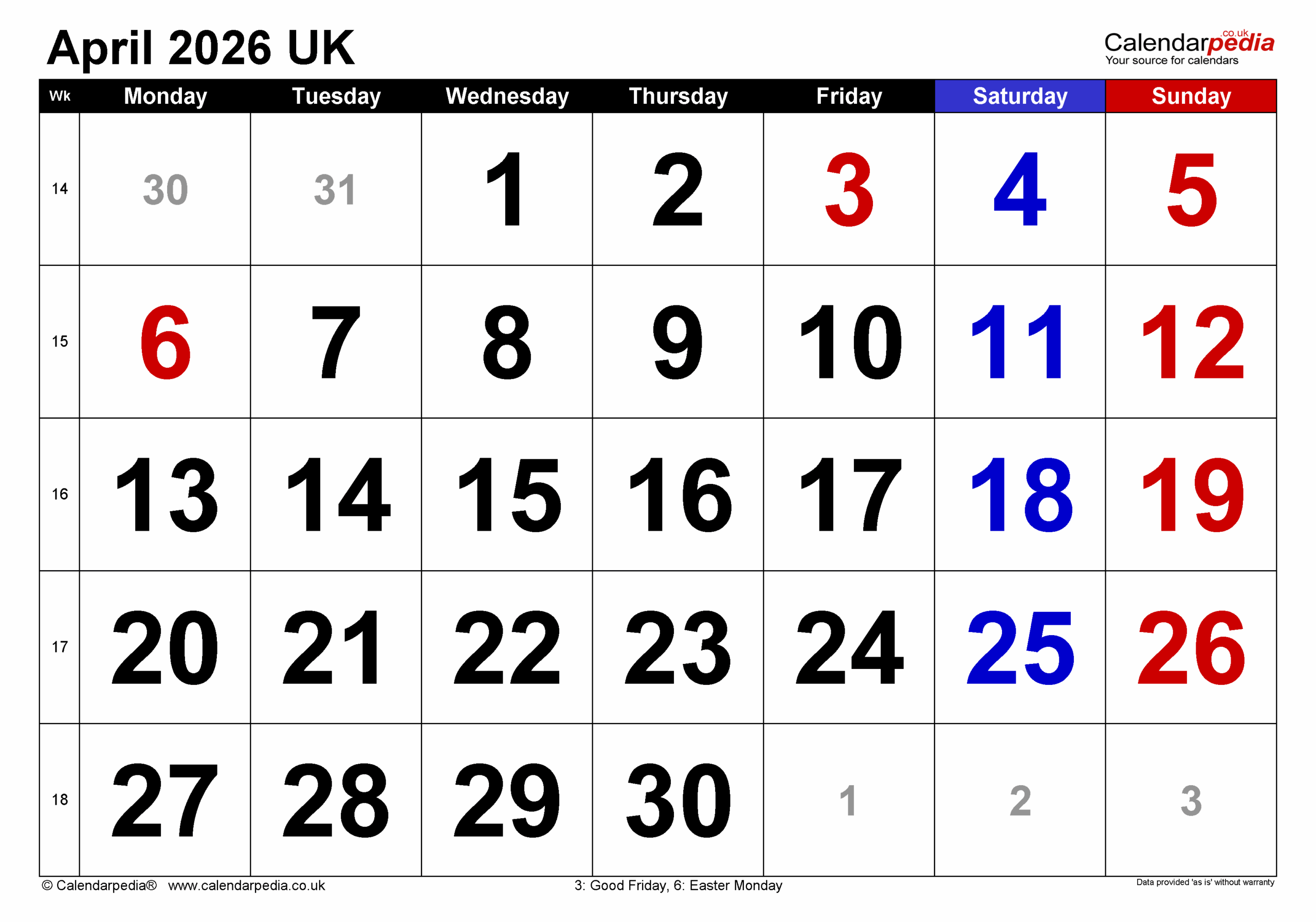 Printable Monthly Calendar April 2026