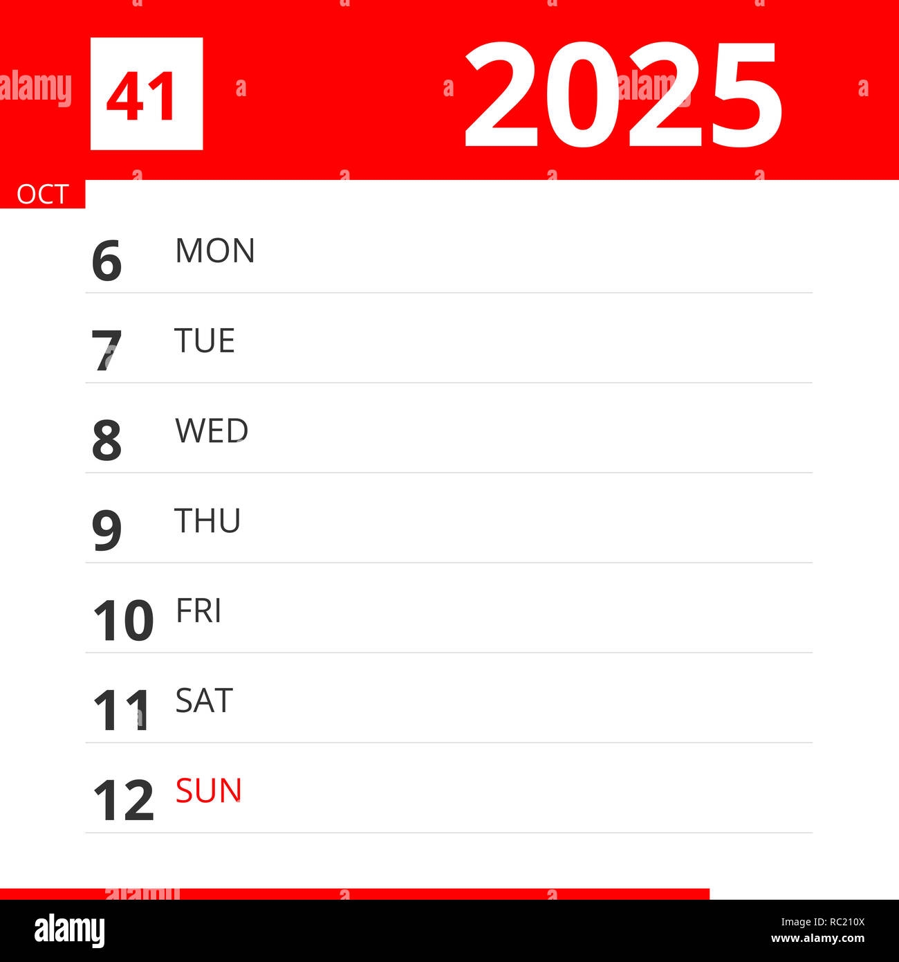Calendar Planner For Week 41 In 2025 Ends October 12 2025 Stock Photo Alamy