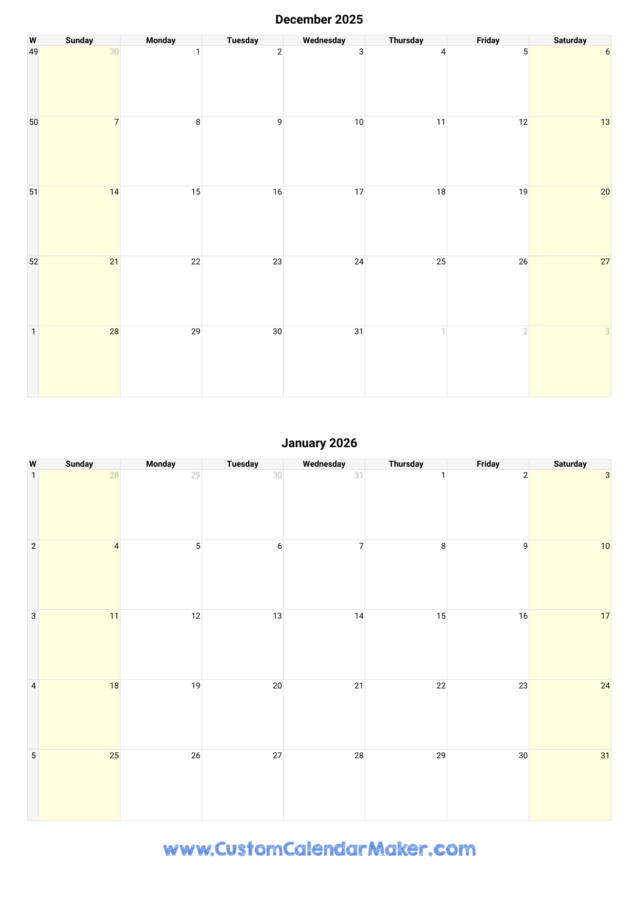 December January Calendar 2025 2026