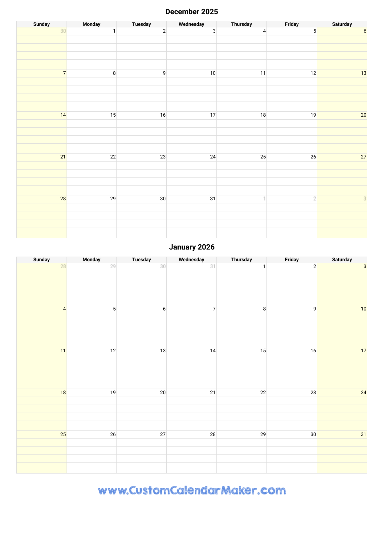 Printable Calendar December 2025 January 2026