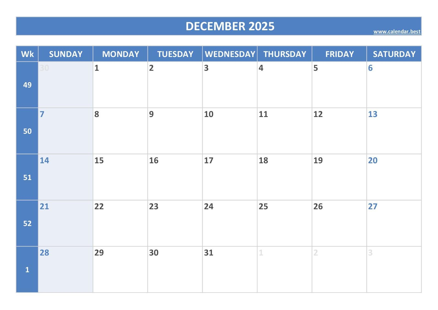December Calendar For 2025