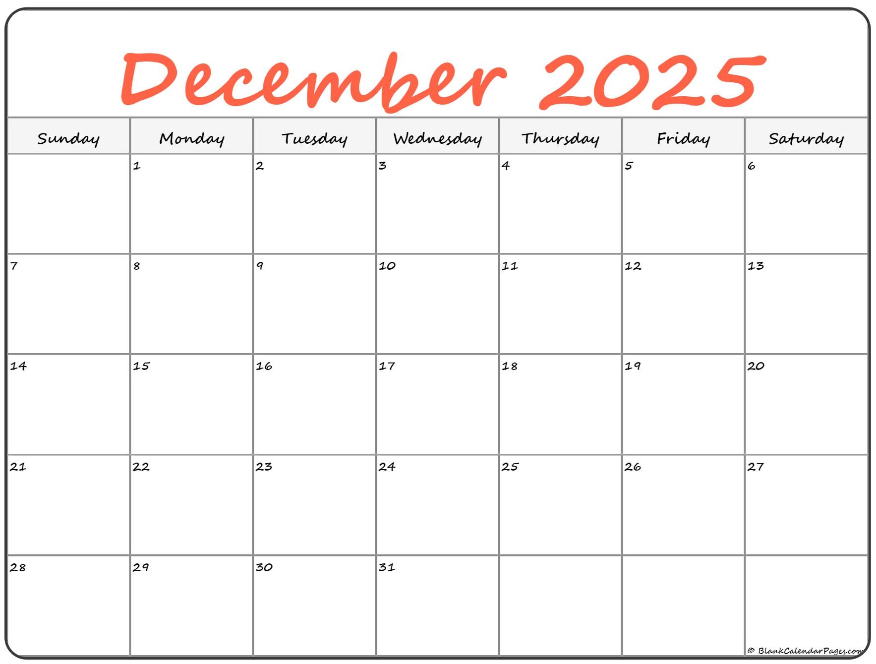 December 2025 Calendar Word