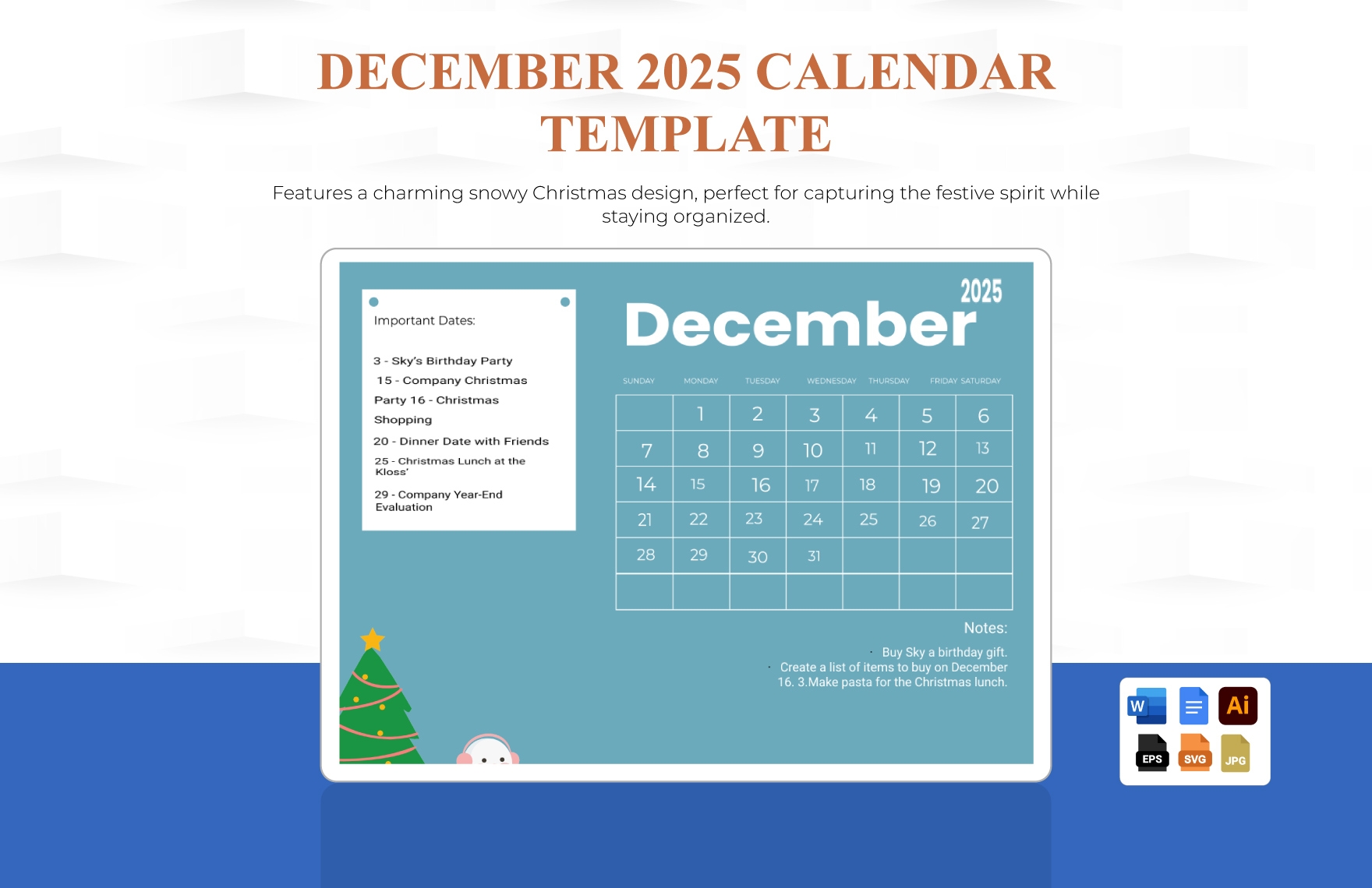 December 2025 Calendar Template In EPS Illustrator JPG Word SVG Google Docs To Download Template