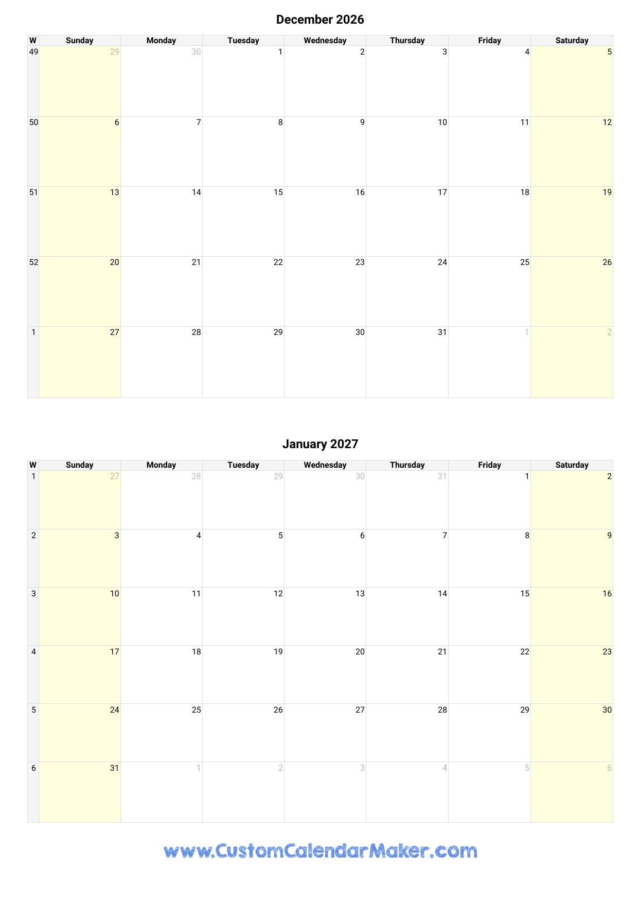 December January Calendar 2026