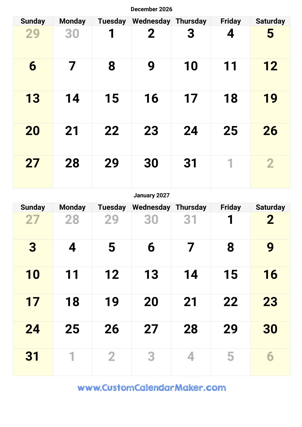 December And January Calendar 2026