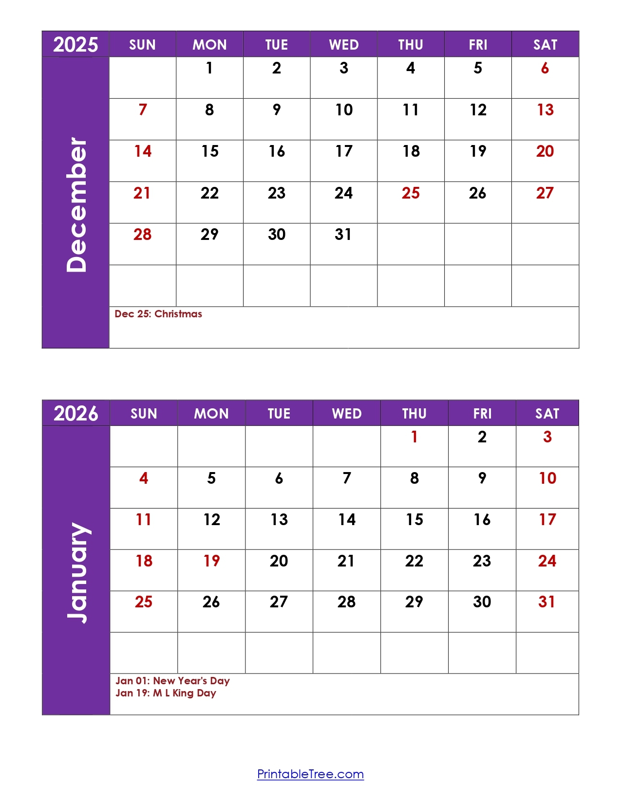 January 2026 Calendar Month