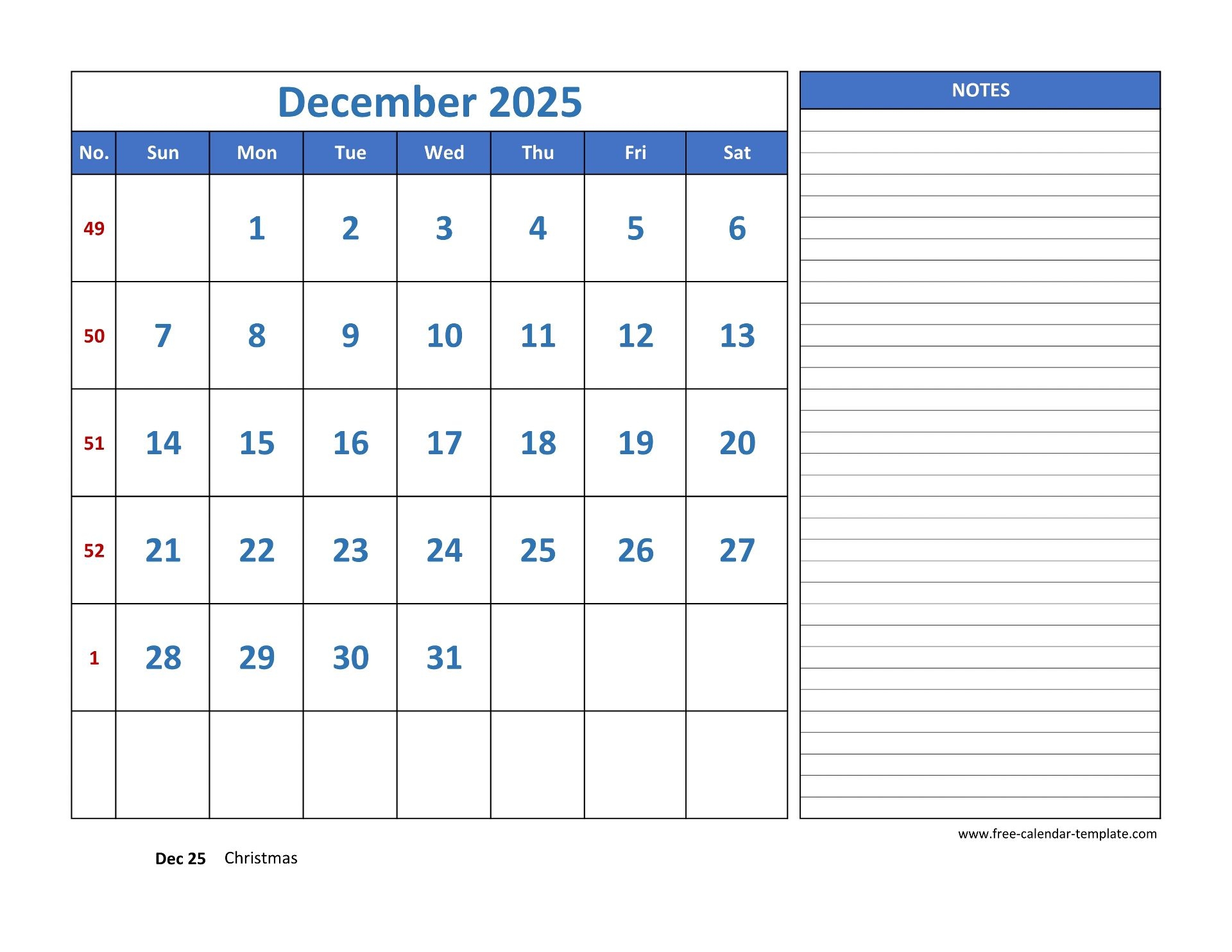 December Calendar 2025 Grid Lines For Holidays And Notes horizontal Free calendar template
