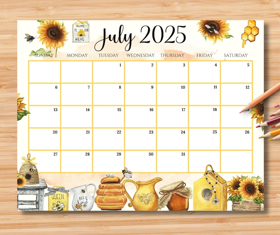 Editable July 2025 Calendar 4th July Independence Day Beautiful Summer With Honey Bee Printable Monthly Calendar Planner Instant Download Etsy