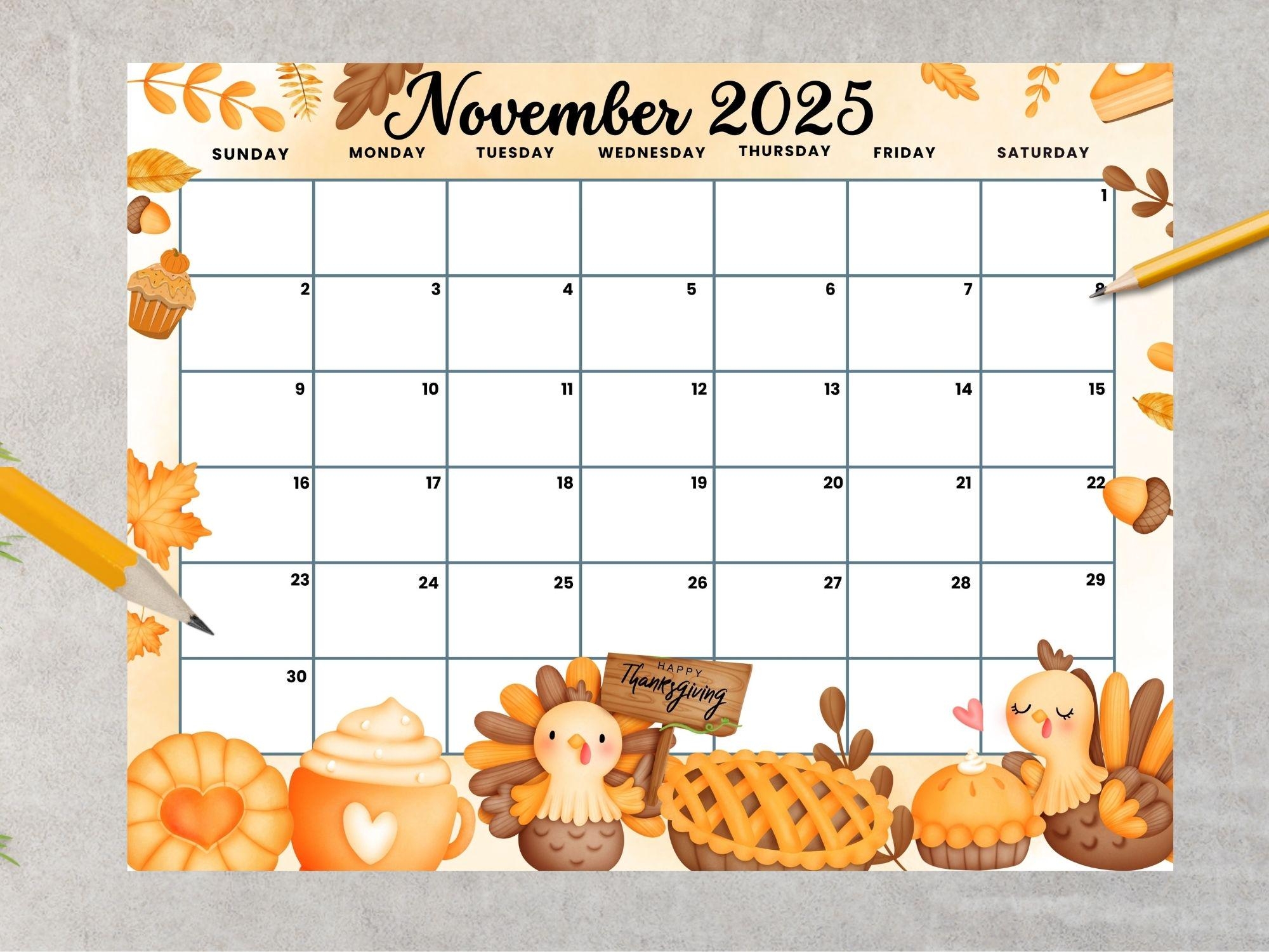 EDITABLE November 2025 Calendar Happy Thanksgiving Planner With Turkey Sweets kids Colorful Autumn Monthly Home School classroom Calendar Etsy