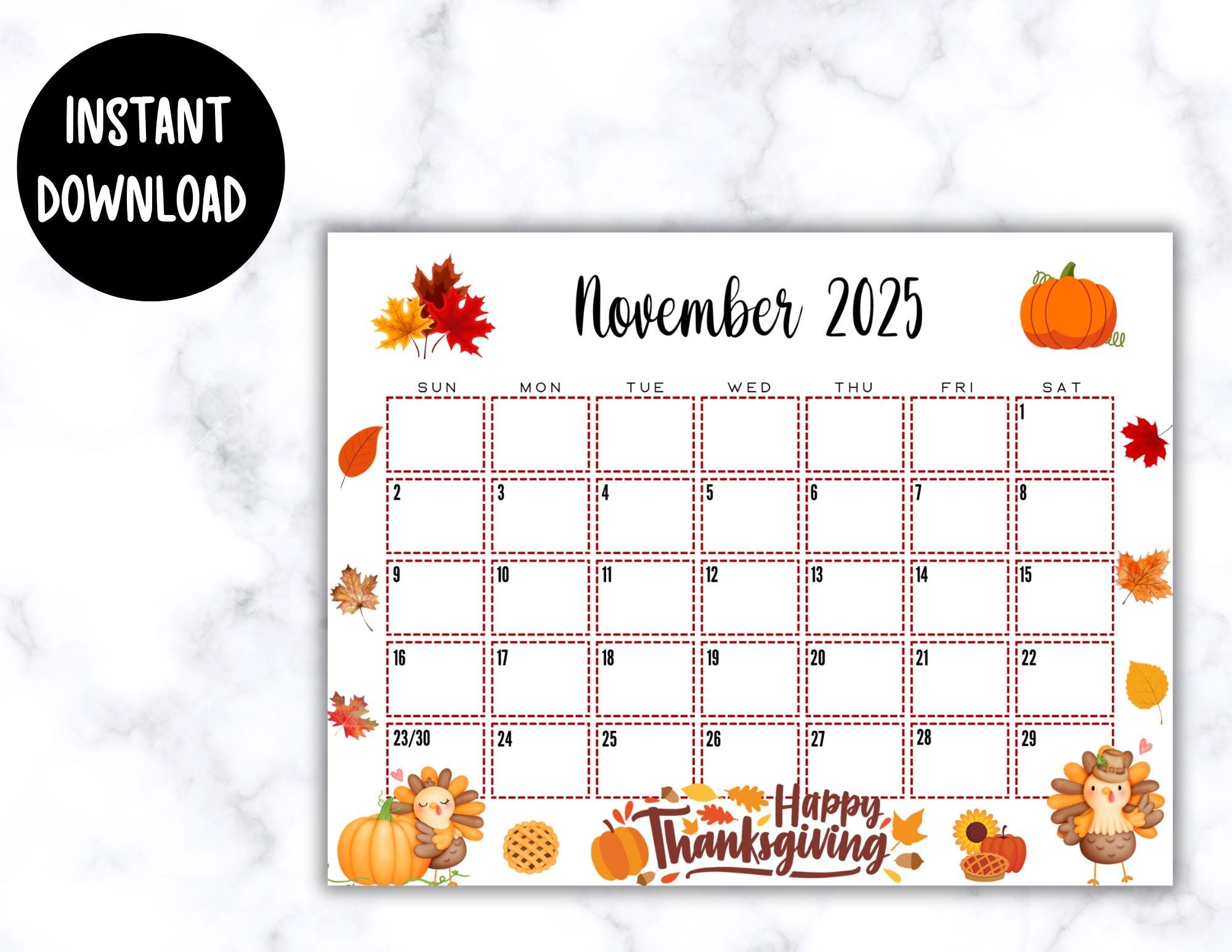 November 2025 Calendar Thanksgiving Theme