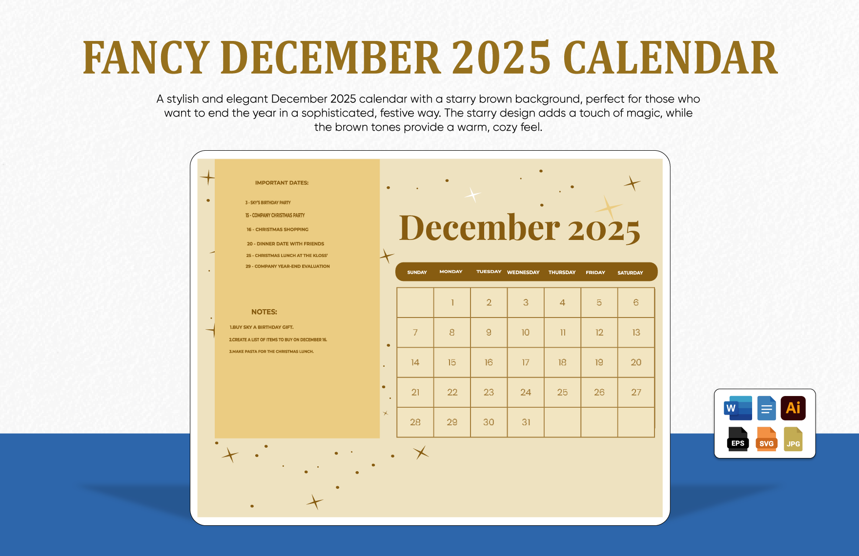Fancy December 2025 Calendar In EPS JPG Word Illustrator SVG Google Docs To Download Template