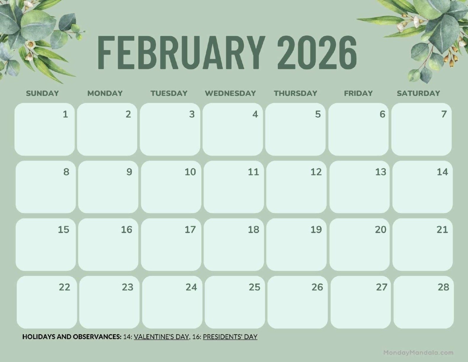 Free February 2026 Printable Calendar
