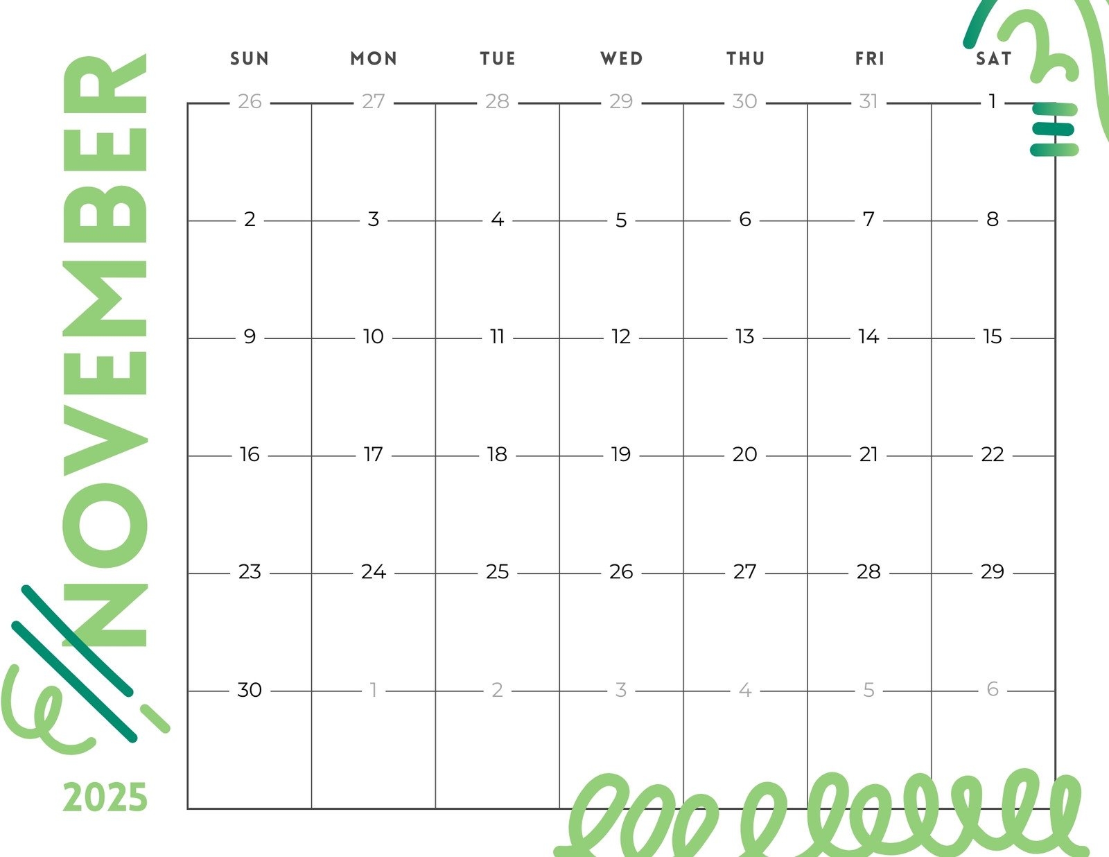 November Monthly Calendar 2025