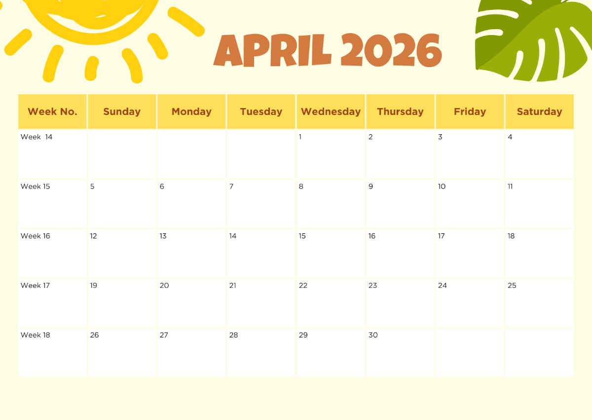 Free April 2026 Calendar With Week Numbers Template To Edit Online