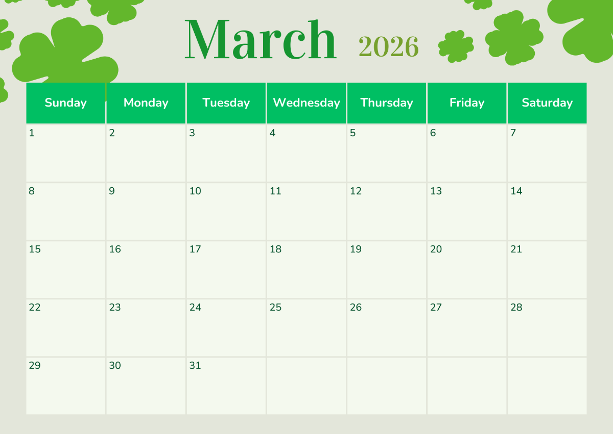 March Calendar 2026 Editable