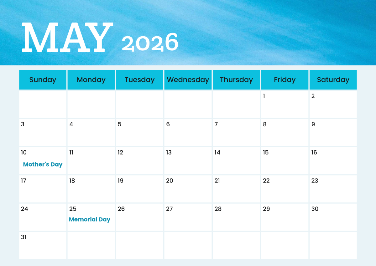 May 2026 Calendar Excel