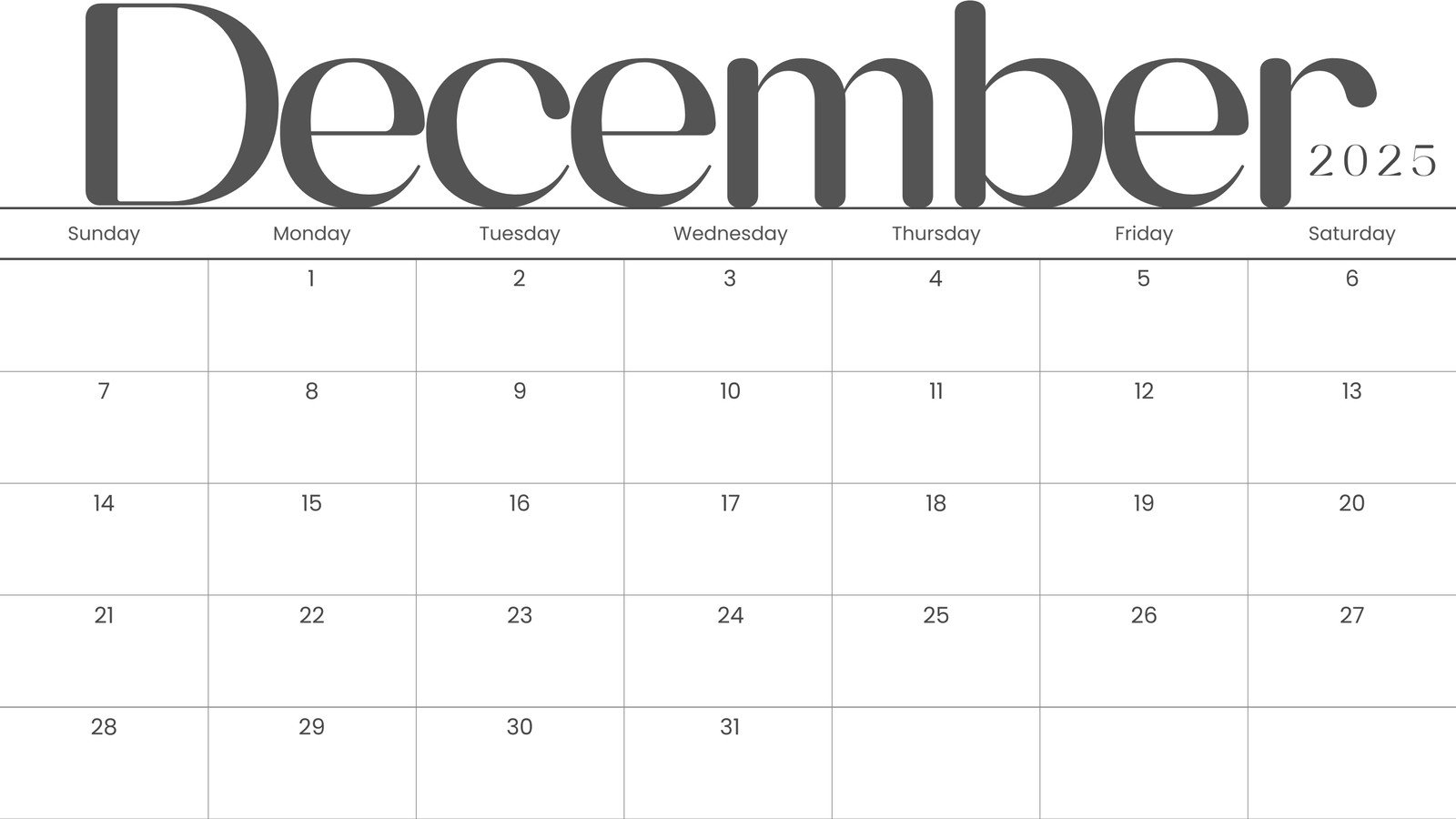 Calendar Printable December 2025